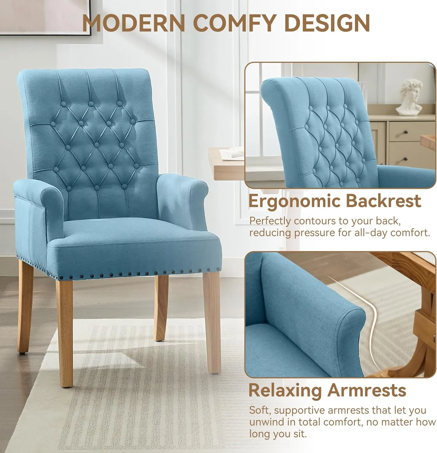 Fabric Dining Chair with Arms, Upholstered Tufted High Back Dining Room Chairs, Accent Armchair with Solid Wood Leg and Nailhead Trim, Kitchen Dining Living Room, Blue