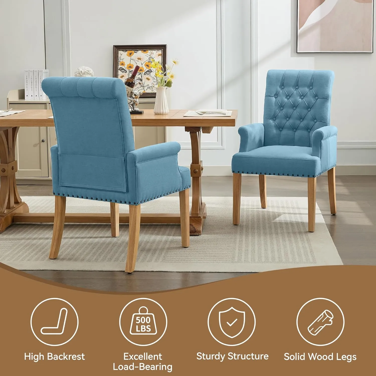 Fabric Dining Chair with Arms, Upholstered Tufted High Back Dining Room Chairs, Accent Armchair with Solid Wood Leg and Nailhead Trim, Kitchen Dining Living Room, Blue