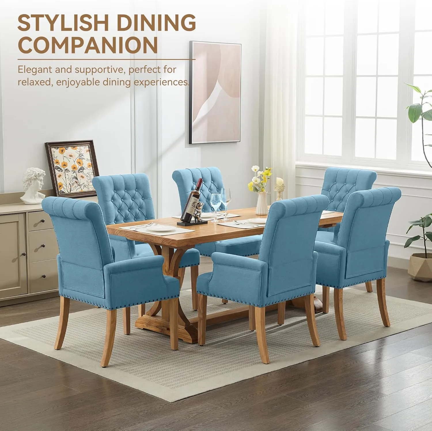 Fabric Dining Chair with Arms, Upholstered Tufted High Back Dining Room Chairs, Accent Armchair with Solid Wood Leg and Nailhead Trim, Kitchen Dining Living Room, Blue