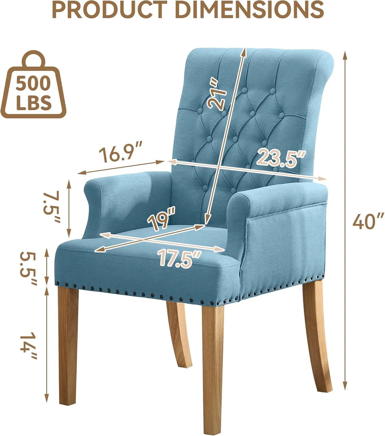 Fabric Dining Chair with Arms, Upholstered Tufted High Back Dining Room Chairs, Accent Armchair with Solid Wood Leg and Nailhead Trim, Kitchen Dining Living Room, Blue