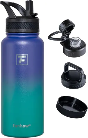 Fanhaw 32 oz Stainless Steel Insulated Water Bottle with 3 Lids (Straw, Spout and Carabiner Lid) - Wide Mouth Travel Thermal Mug (Purple Green)