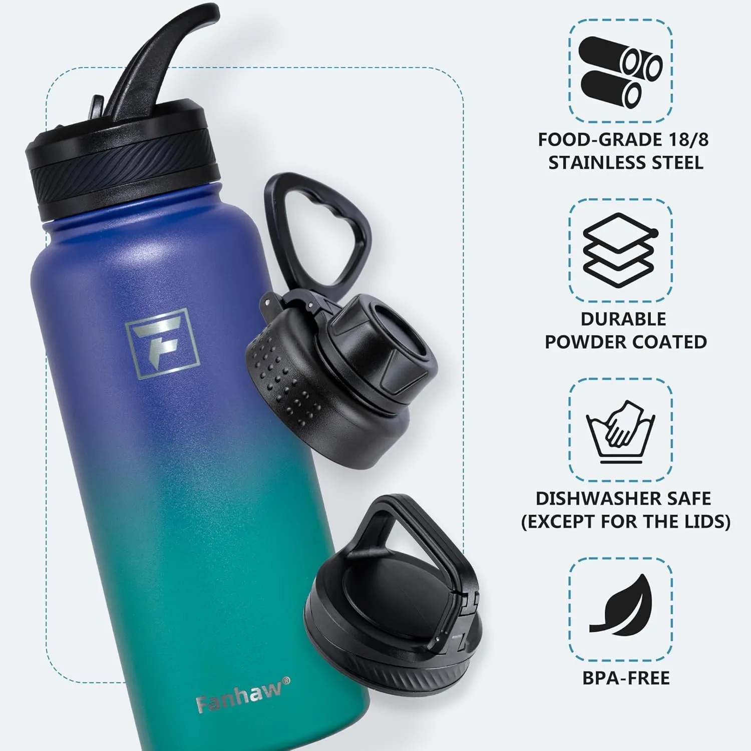Fanhaw 32 oz Stainless Steel Insulated Water Bottle with 3 Lids (Straw, Spout and Carabiner Lid) - Wide Mouth Travel Thermal Mug (Purple Green)