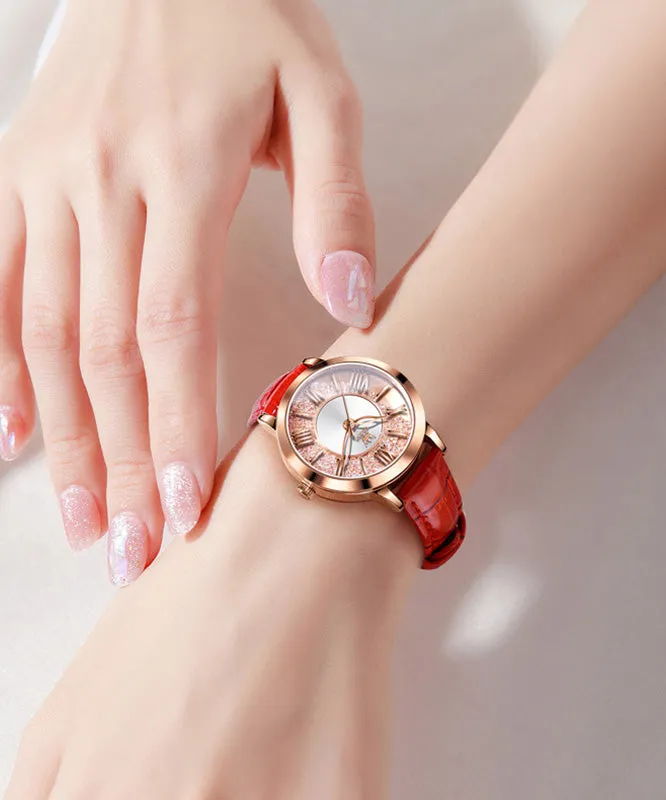 Fashion Red Leather Overgild Zircon Quartz Movement Waterproof Leather Watch