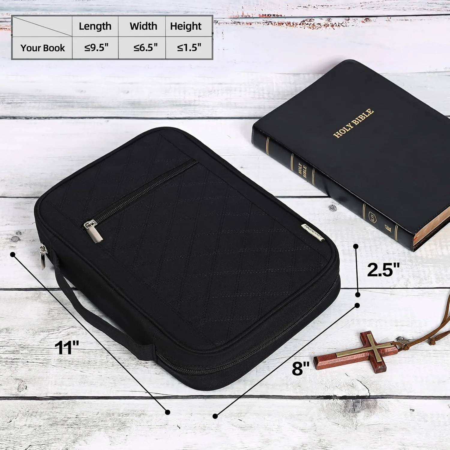 FINDCOZY Bible Cover for Women, Durable Carrying Book Case Church Bag for Biblical Accessories with Handle and Zippered Pocket, for Scriptures, Black