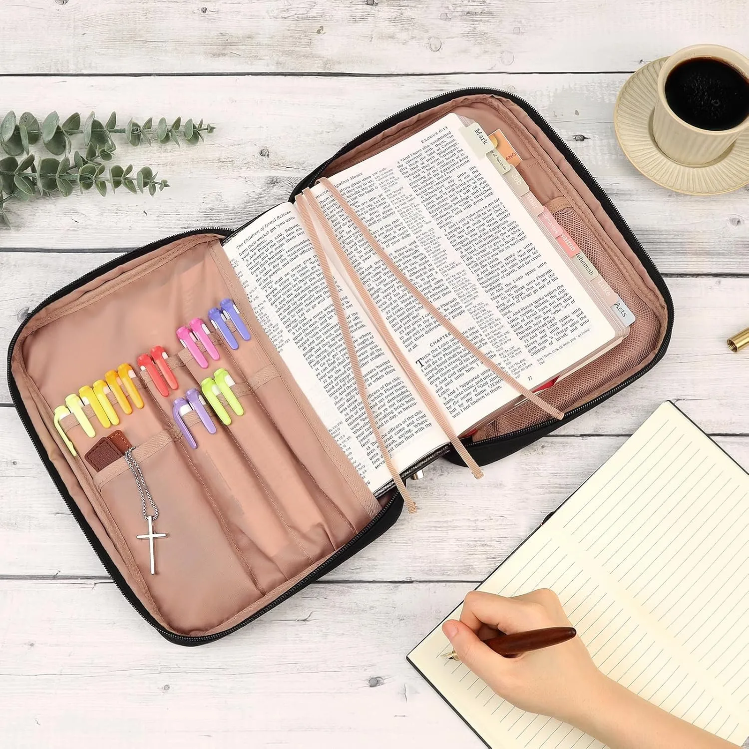 FINDCOZY Bible Cover for Women, Durable Carrying Book Case Church Bag for Biblical Accessories with Handle and Zippered Pocket, for Scriptures, Black