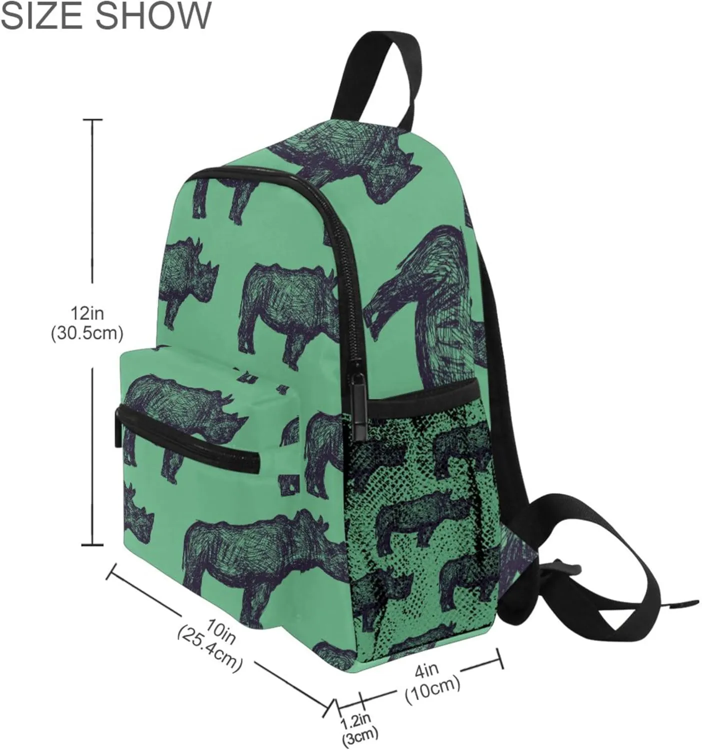Fisyme Rhino Rhinoceros Green Toddler Backpack School Bag Kids Daypack for Kindergarten Preschool Nursery Girls Boys, M