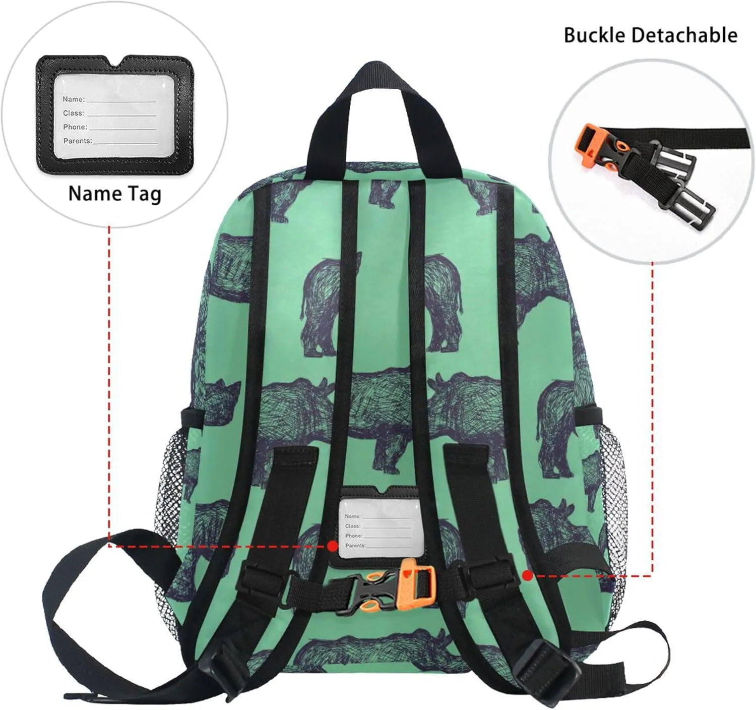 Fisyme Rhino Rhinoceros Green Toddler Backpack School Bag Kids Daypack for Kindergarten Preschool Nursery Girls Boys, M