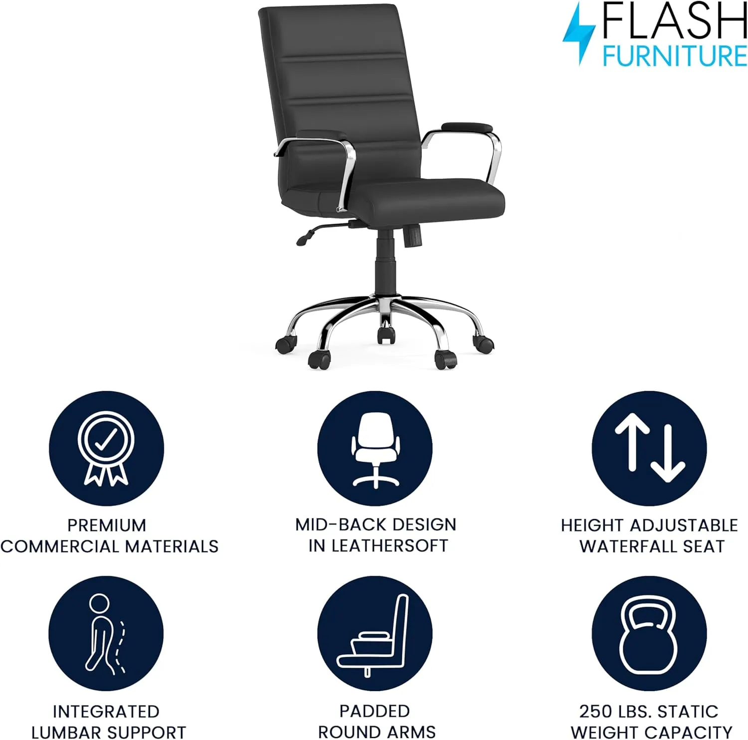 Flash Furniture Whitney Mid-Back Swivel LeatherSoft Desk Chair with Padded Seat and Armrests, Adjustable Height Padded Office Chair, Black