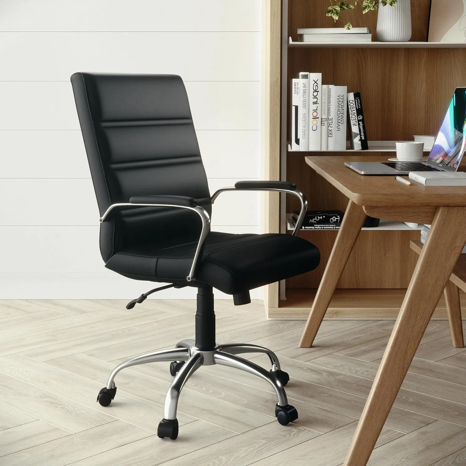 Flash Furniture Whitney Mid-Back Swivel LeatherSoft Desk Chair with Padded Seat and Armrests, Adjustable Height Padded Office Chair, Black
