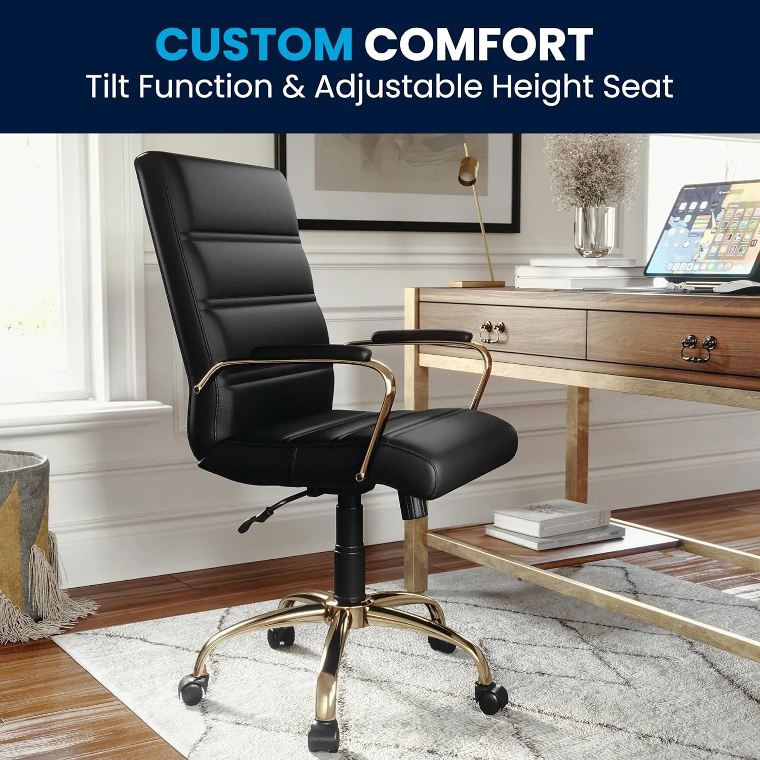 Flash Furniture Whitney Mid-Back Swivel LeatherSoft Desk Chair with Padded Seat and Armrests, Adjustable Height Padded Office Chair, Black/Gold