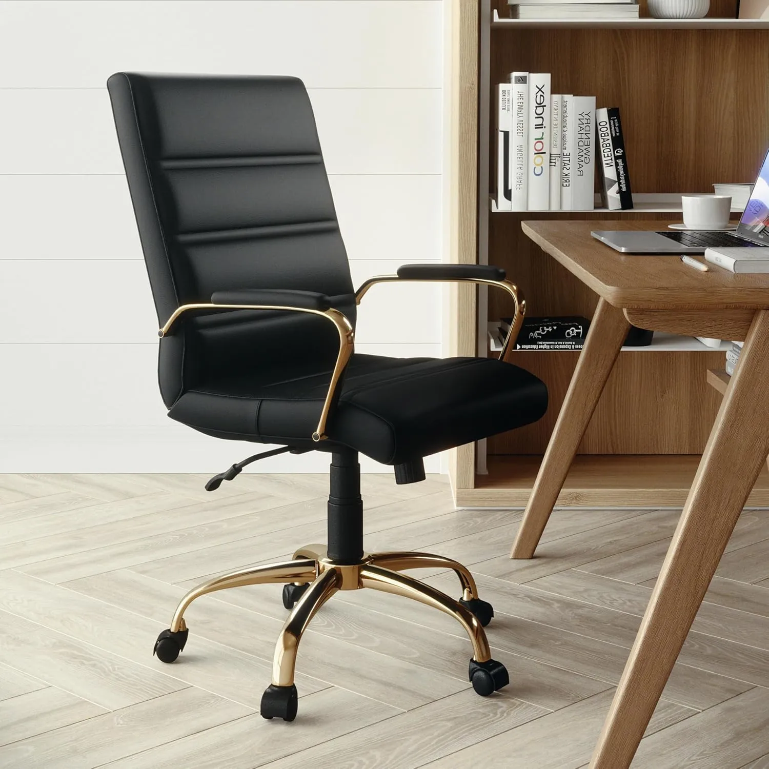 Flash Furniture Whitney Mid-Back Swivel LeatherSoft Desk Chair with Padded Seat and Armrests, Adjustable Height Padded Office Chair, Black/Gold