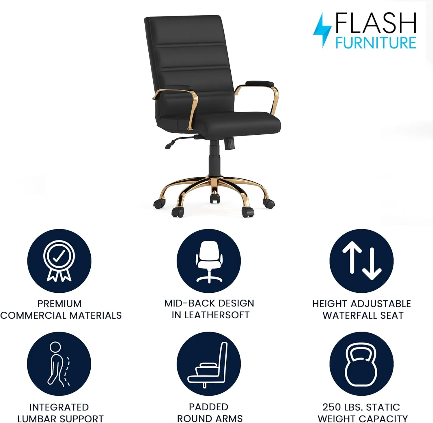 Flash Furniture Whitney Mid-Back Swivel LeatherSoft Desk Chair with Padded Seat and Armrests, Adjustable Height Padded Office Chair, Black/Gold