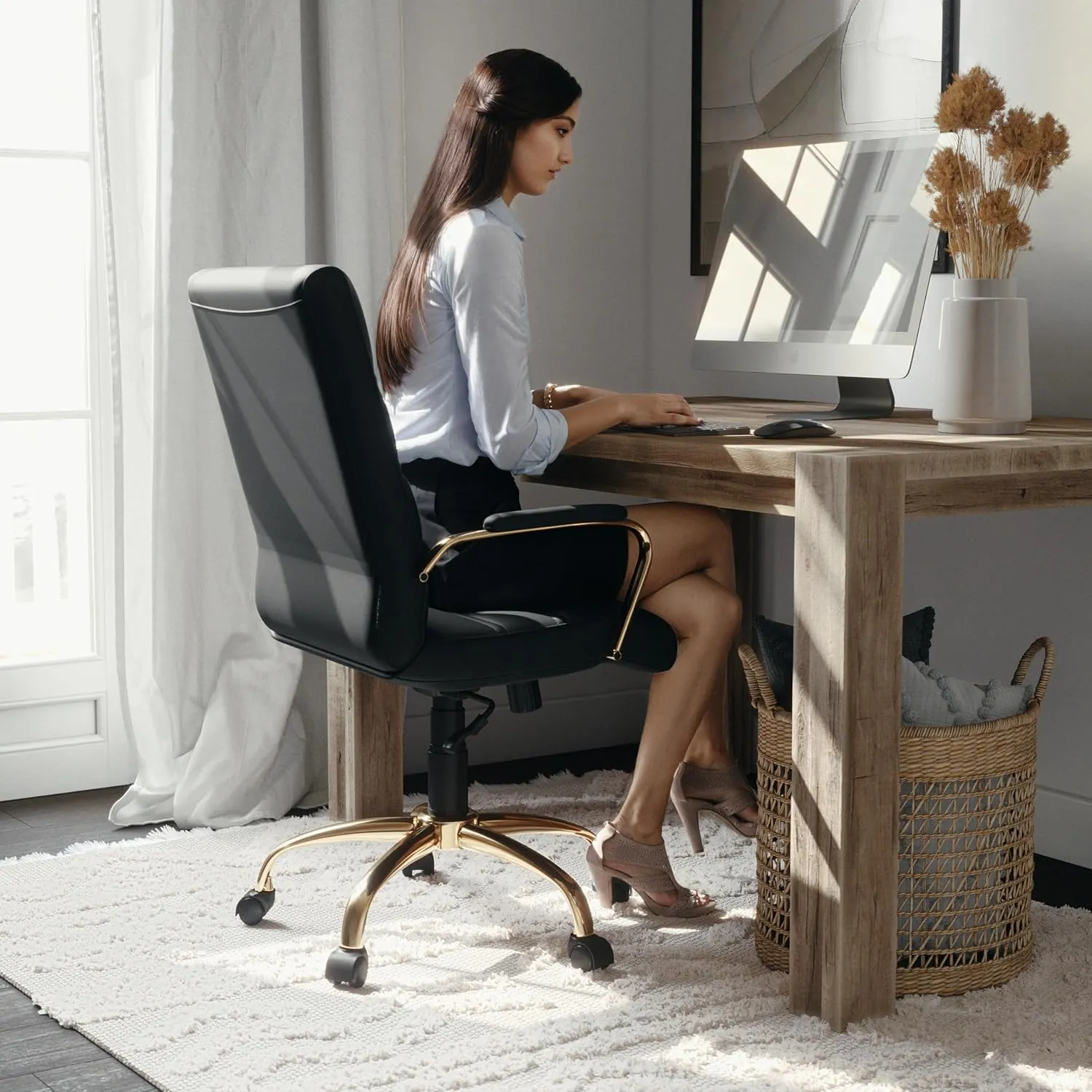 Flash Furniture Whitney Mid-Back Swivel LeatherSoft Desk Chair with Padded Seat and Armrests, Adjustable Height Padded Office Chair, Black/Gold