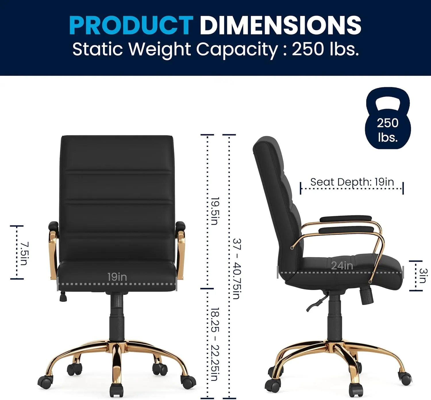 Flash Furniture Whitney Mid-Back Swivel LeatherSoft Desk Chair with Padded Seat and Armrests, Adjustable Height Padded Office Chair, Black/Gold