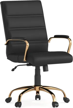 Flash Furniture Whitney Mid-Back Swivel LeatherSoft Desk Chair with Padded Seat and Armrests, Adjustable Height Padded Office Chair, Black/Gold