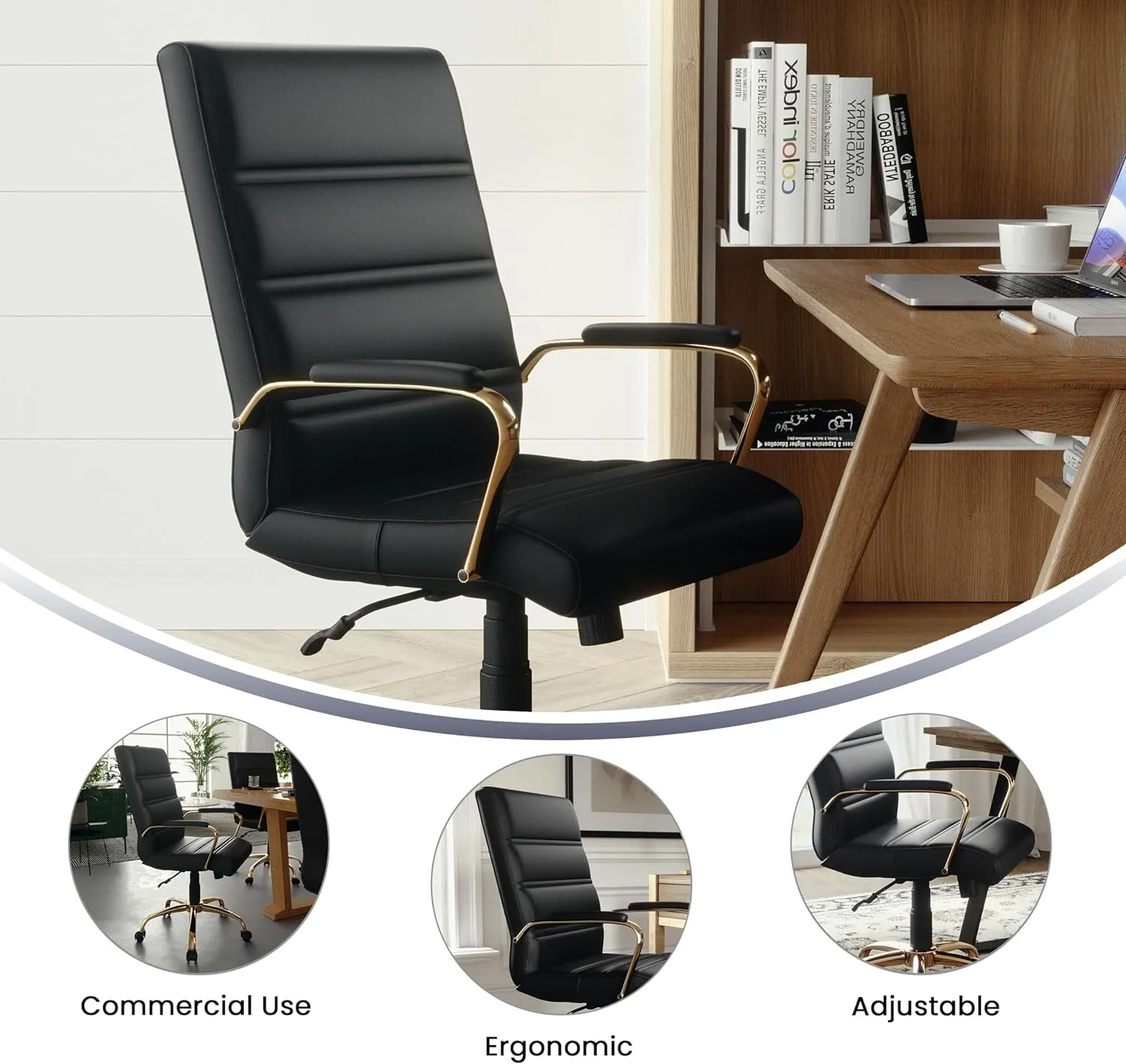 Flash Furniture Whitney Mid-Back Swivel LeatherSoft Desk Chair with Padded Seat and Armrests, Adjustable Height Padded Office Chair, Black/Gold
