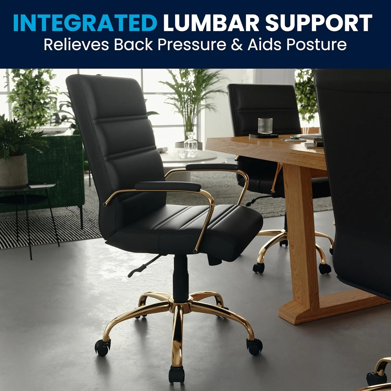 Flash Furniture Whitney Mid-Back Swivel LeatherSoft Desk Chair with Padded Seat and Armrests, Adjustable Height Padded Office Chair, Black/Gold