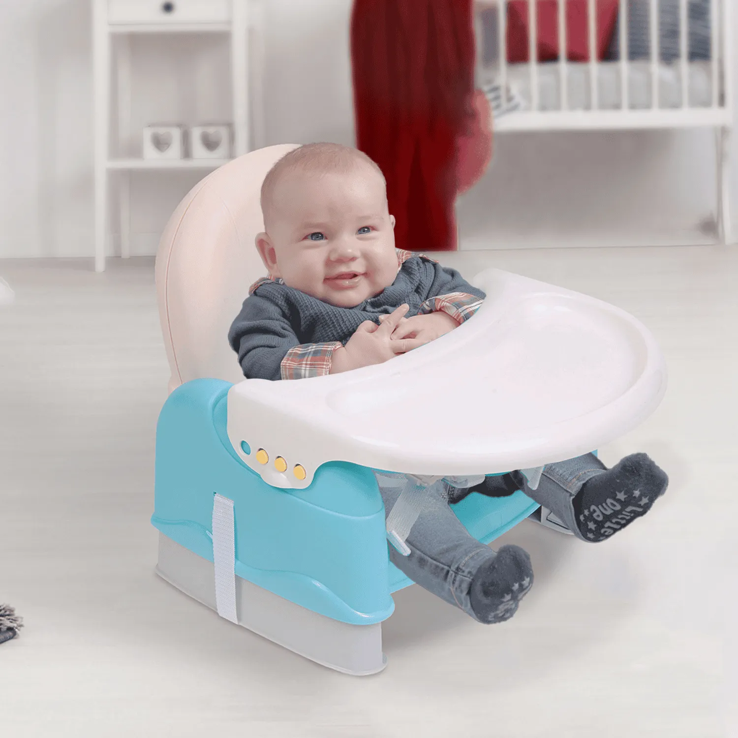 Foldable Feeding Booster Seat Adjustable Height And Food Tray Blue