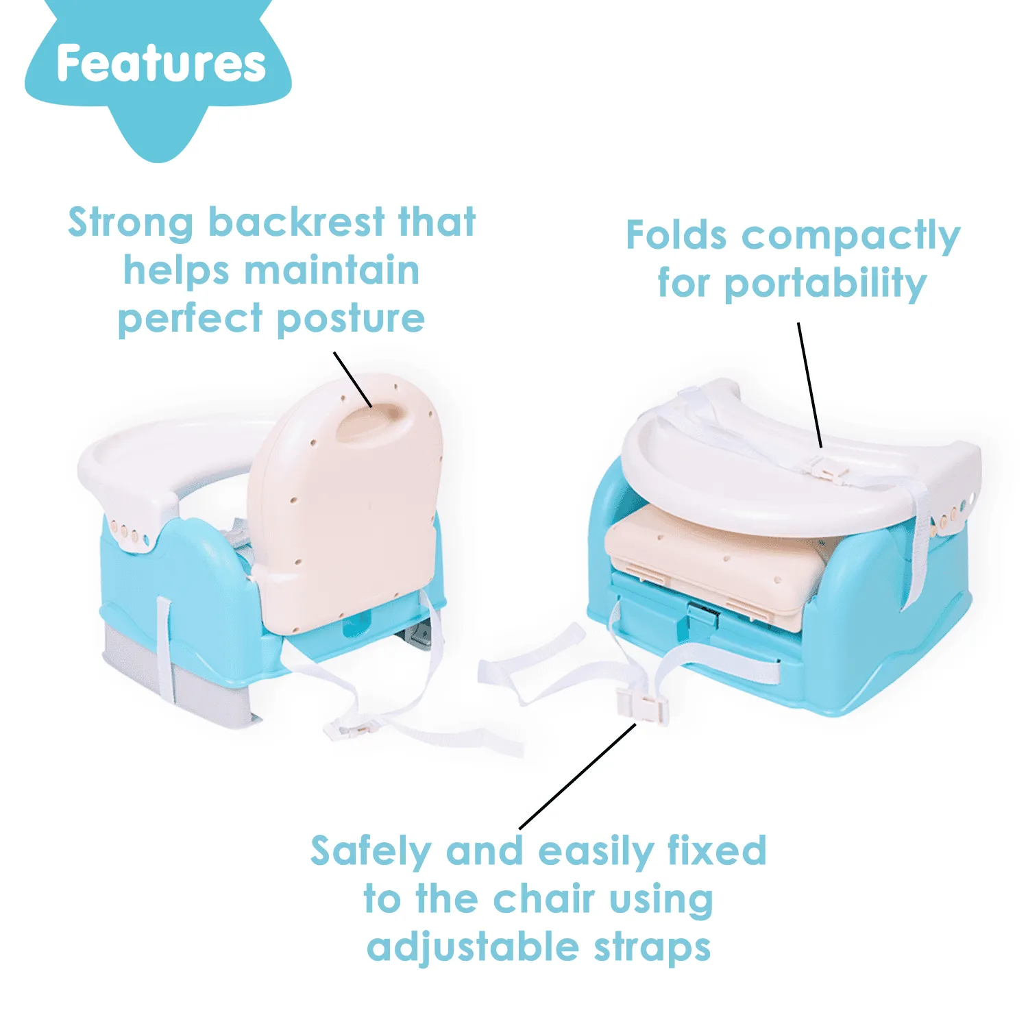 Foldable Feeding Booster Seat Adjustable Height And Food Tray Blue