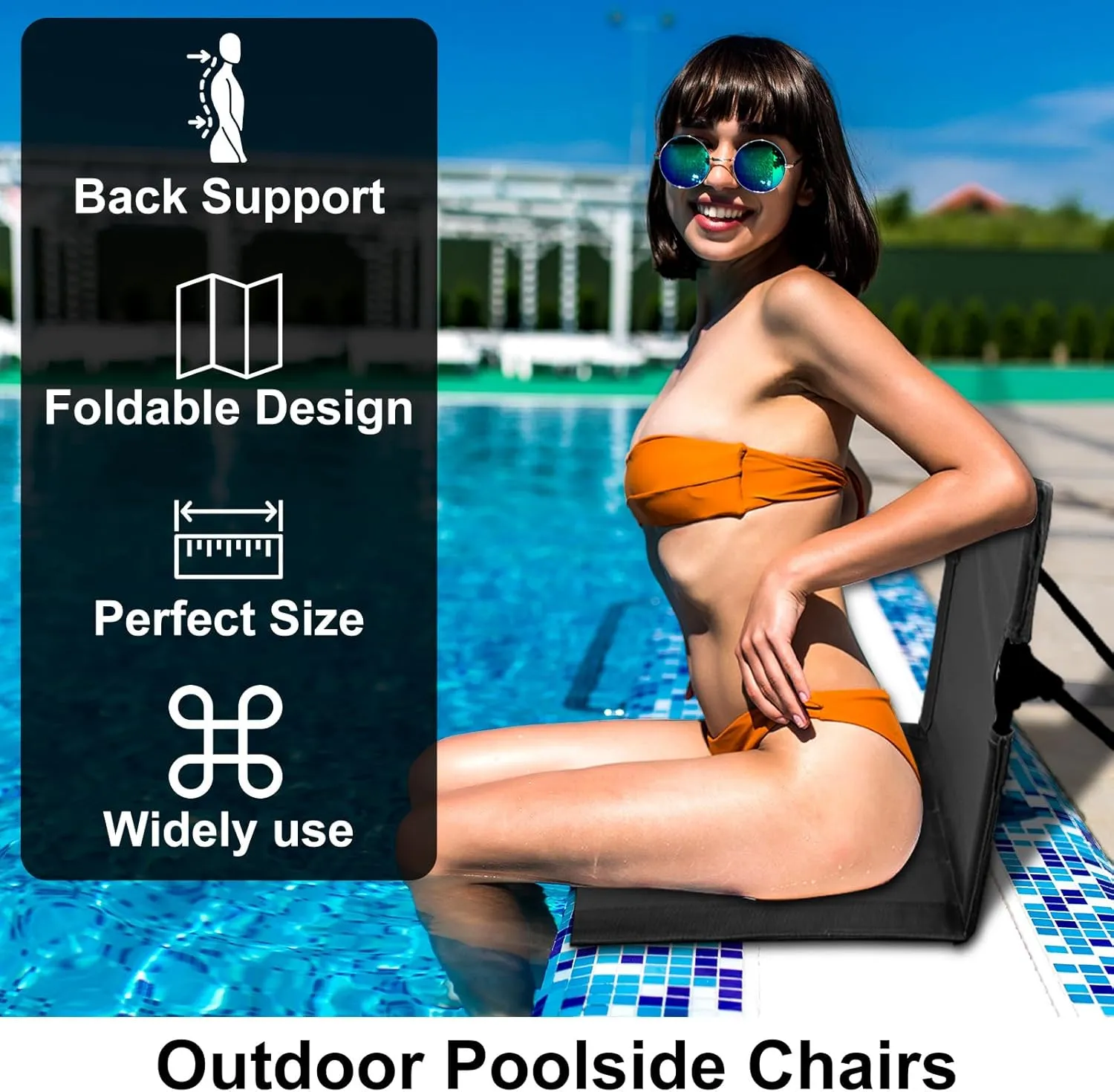 Foldable Seat for Poolside Chairs, Portable Outdoor Poolside Chairs for Edge of Pool, Beach Chair, SwimmingPool Accessories, Pool Seats for Edge,Beach Camping Picnic Lawn Accessories-Black