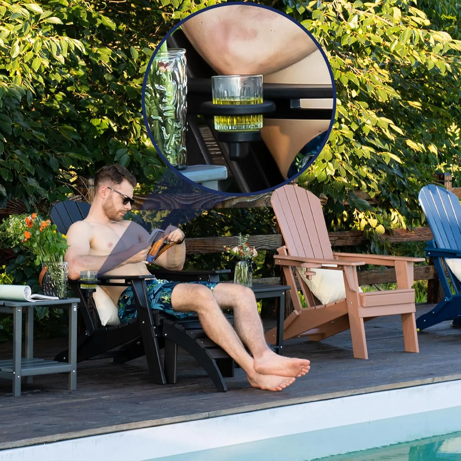 Folding Adirondack Chair, Ergonomic Extended Backrest, HDPE All-Weather, 400lbs Capacity, Maintenance-Free, Cup Holder, （Black）- Outdoor Patio & Firepit Chair