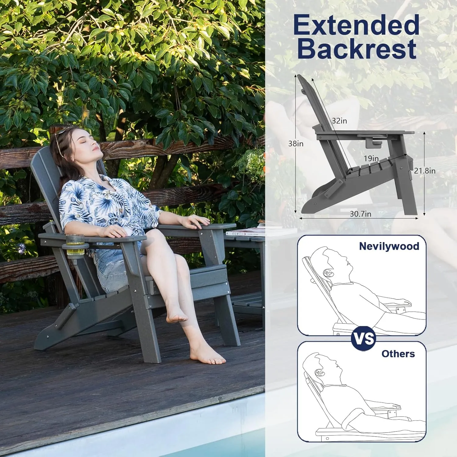 Folding Adirondack Chair, Ergonomic Extended Backrest, HDPE All-Weather, 400lbs Capacity, Maintenance-Free, Cup Holder, （Black）- Outdoor Patio & Firepit Chair