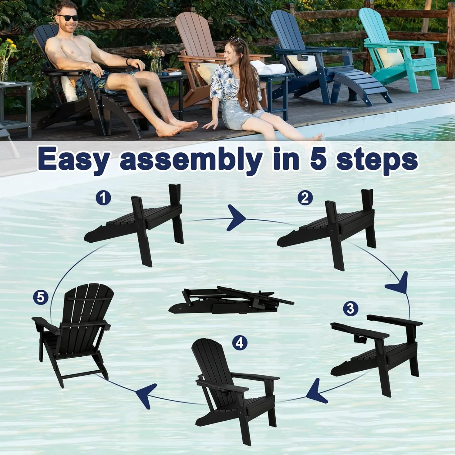 Folding Adirondack Chair, Ergonomic Extended Backrest, HDPE All-Weather, 400lbs Capacity, Maintenance-Free, Cup Holder, （Black）- Outdoor Patio & Firepit Chair