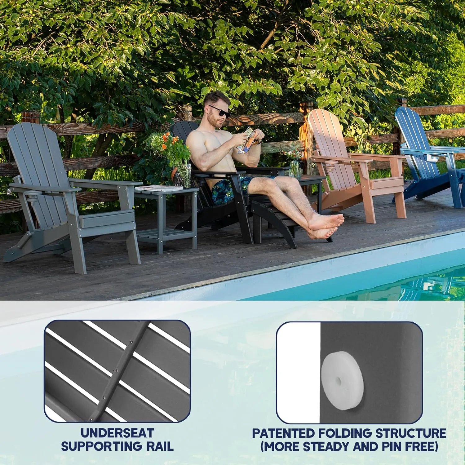 Folding Adirondack Chair, Ergonomic Extended Backrest, HDPE All-Weather, 400lbs Capacity, Maintenance-Free, Cup Holder, （Black）- Outdoor Patio & Firepit Chair