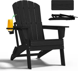 Folding Adirondack Chair, Ergonomic Extended Backrest, HDPE All-Weather, 400lbs Capacity, Maintenance-Free, Cup Holder, （Black）- Outdoor Patio & Firepit Chair