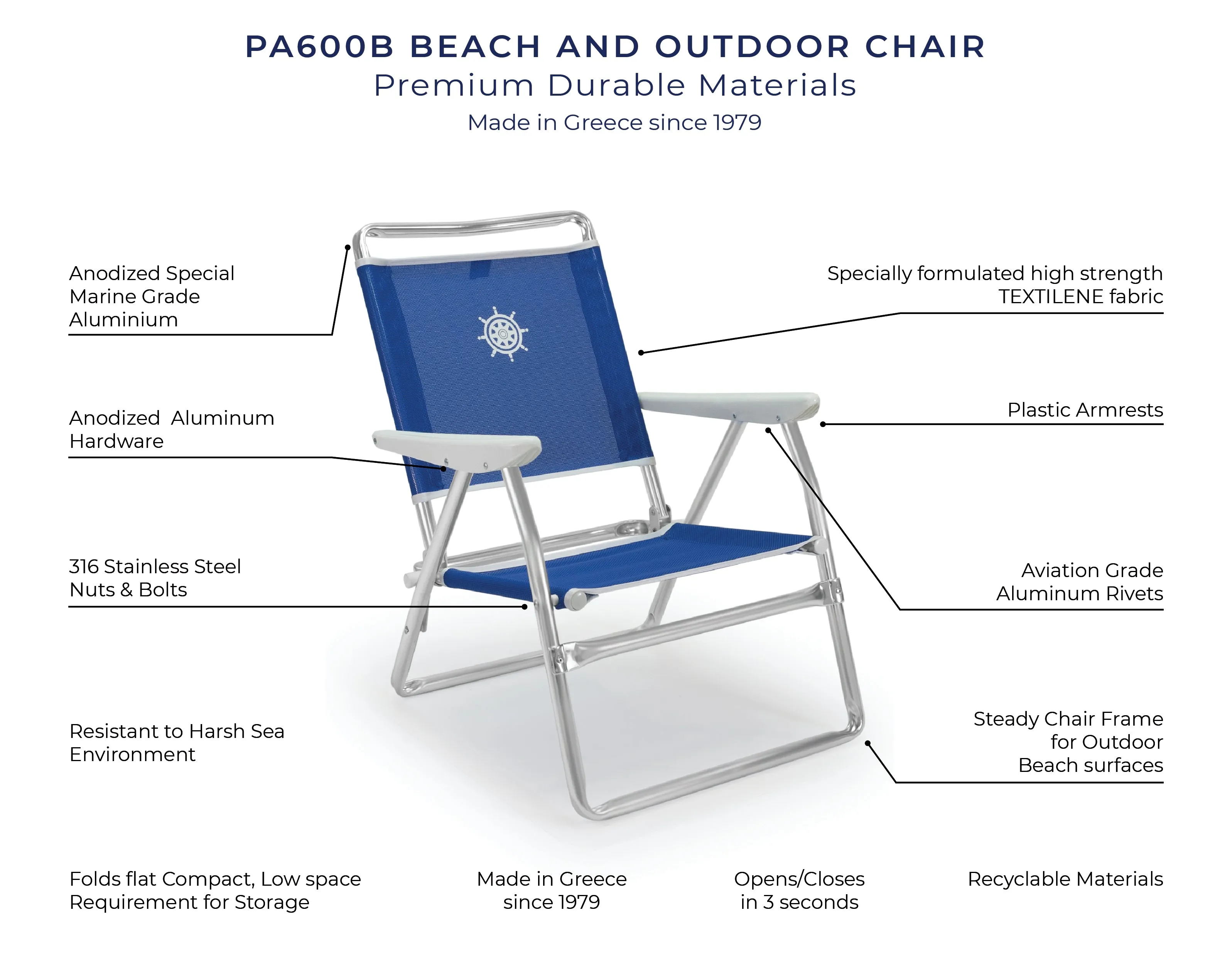 Folding Aluminum Beach Chair Plastic Armrests Textilene Fabric -PA600