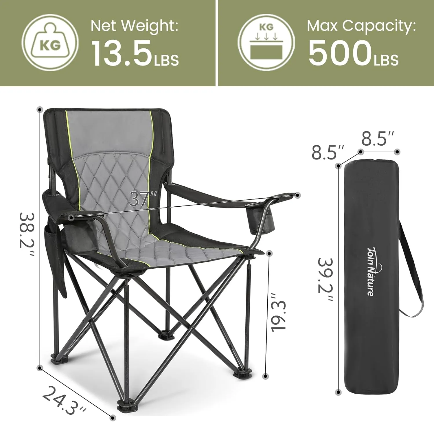 Folding Camping Chairs for Adults, Padded Folding Chairs for Outside Heavy Duty with Cup Holders & Side Pocket, Support up to 500 lbs, Black