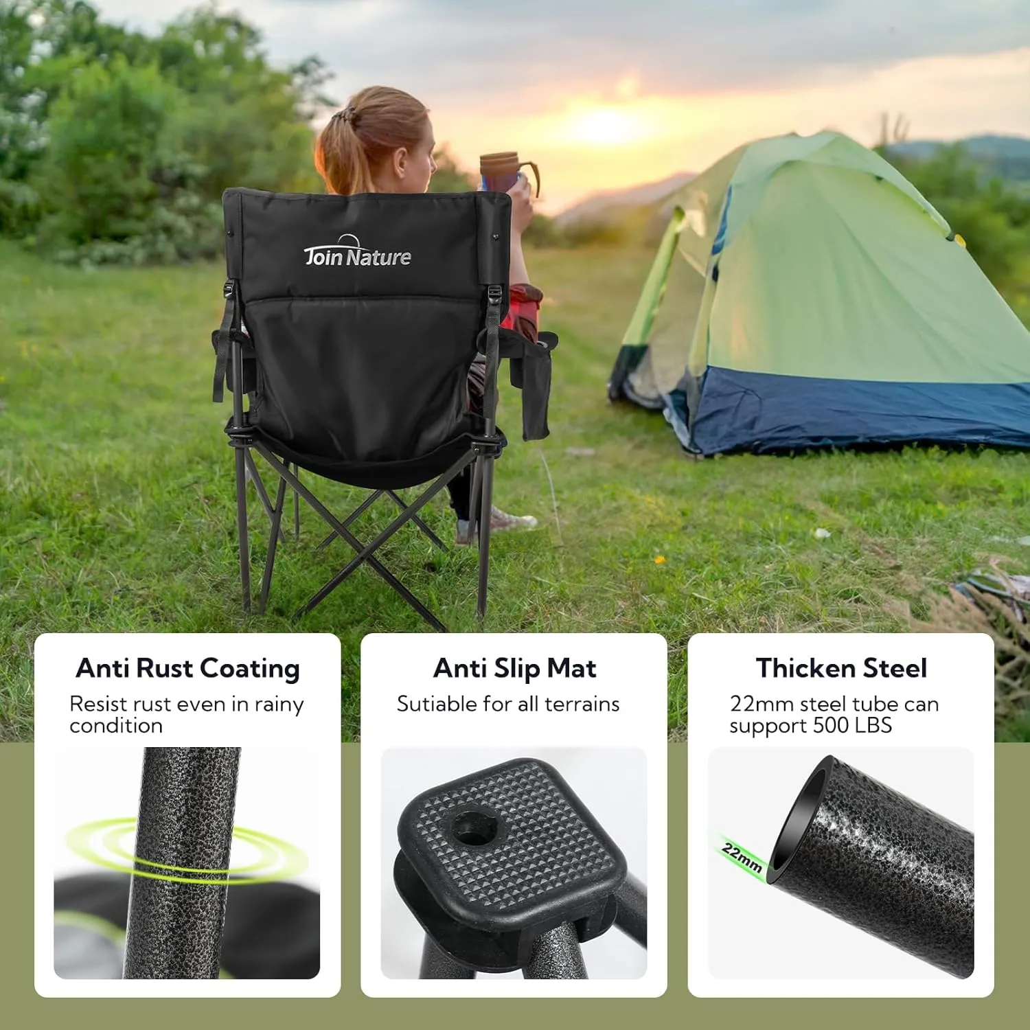 Folding Camping Chairs for Adults, Padded Folding Chairs for Outside Heavy Duty with Cup Holders & Side Pocket, Support up to 500 lbs, Black
