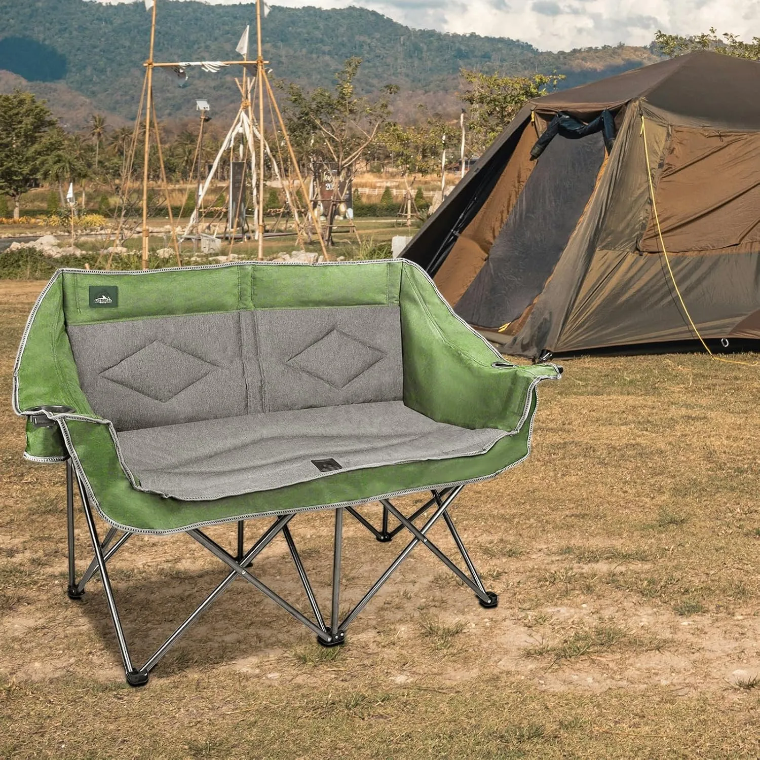 Folding Loveseat Camping Chair Portable Double Duo Full Padded Garden Chair for 2 Person Sofa w/ 2 Cup Holder,Wine Glass Holder,Mesh Storage,Support 600lbs for Picnic Beach Travel (Green)