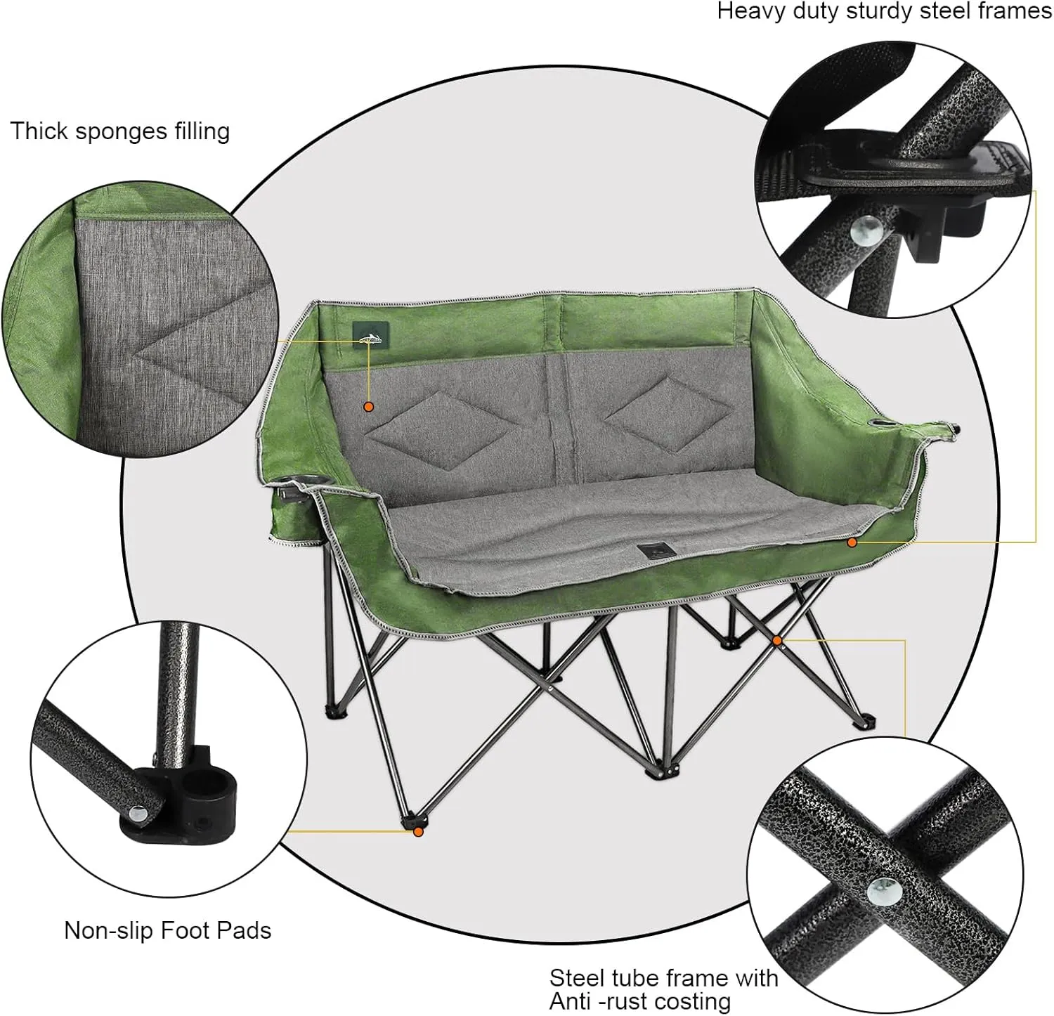 Folding Loveseat Camping Chair Portable Double Duo Full Padded Garden Chair for 2 Person Sofa w/ 2 Cup Holder,Wine Glass Holder,Mesh Storage,Support 600lbs for Picnic Beach Travel (Green)