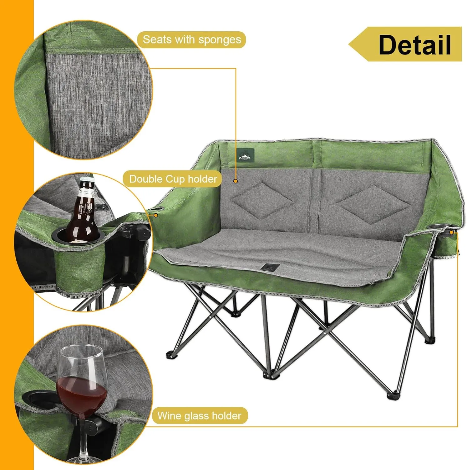 Folding Loveseat Camping Chair Portable Double Duo Full Padded Garden Chair for 2 Person Sofa w/ 2 Cup Holder,Wine Glass Holder,Mesh Storage,Support 600lbs for Picnic Beach Travel (Green)
