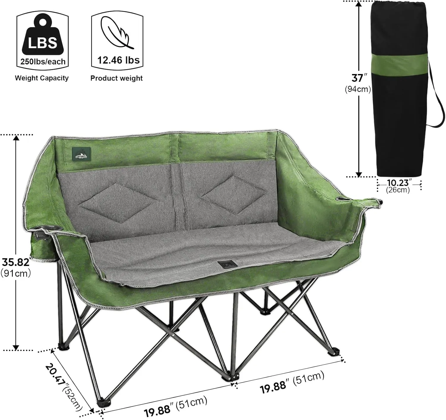 Folding Loveseat Camping Chair Portable Double Duo Full Padded Garden Chair for 2 Person Sofa w/ 2 Cup Holder,Wine Glass Holder,Mesh Storage,Support 600lbs for Picnic Beach Travel (Green)