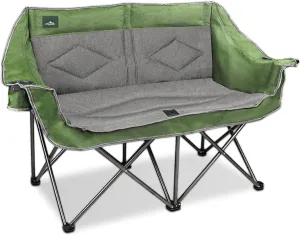 Folding Loveseat Camping Chair Portable Double Duo Full Padded Garden Chair for 2 Person Sofa w/ 2 Cup Holder,Wine Glass Holder,Mesh Storage,Support 600lbs for Picnic Beach Travel (Green)