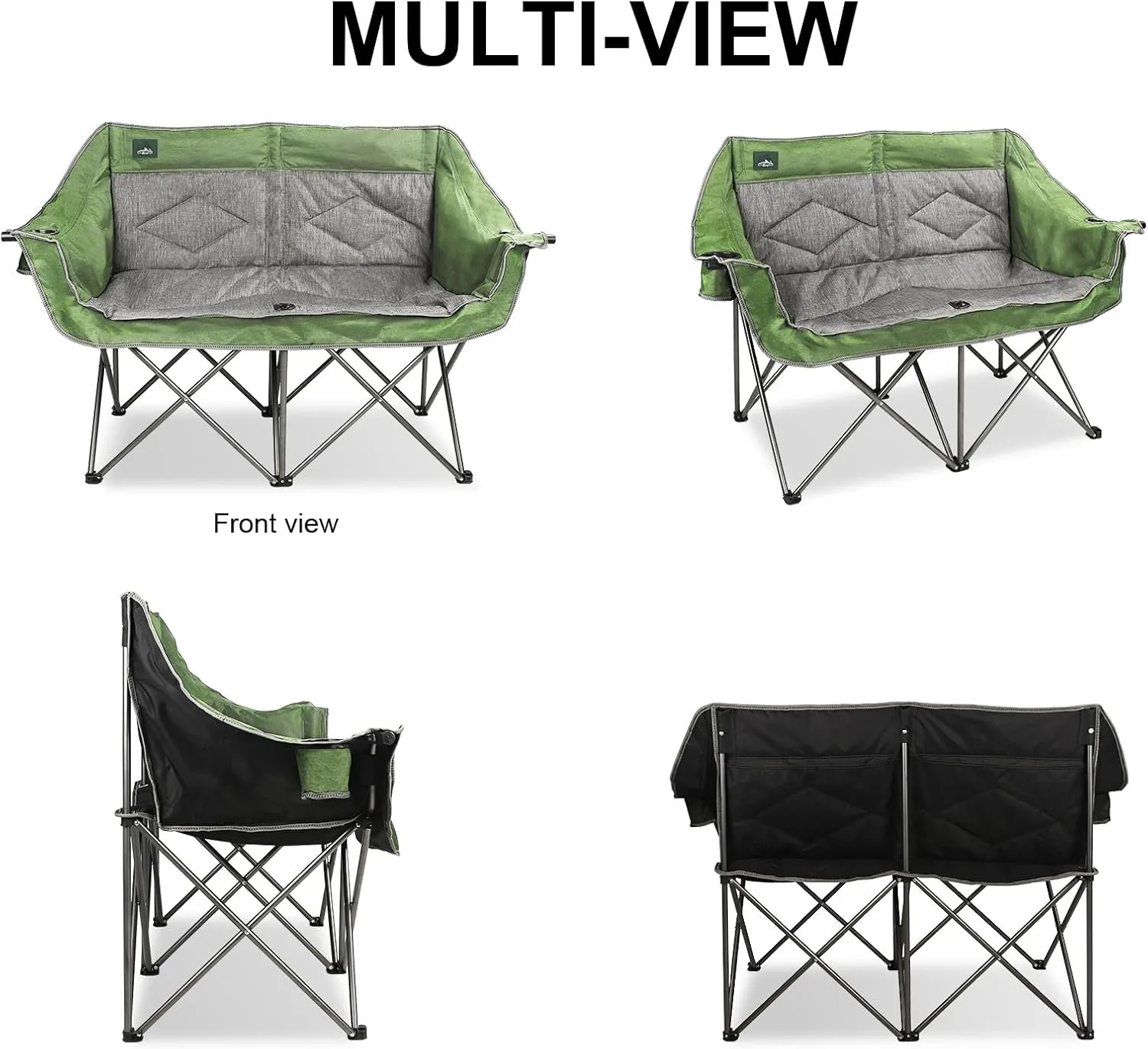 Folding Loveseat Camping Chair Portable Double Duo Full Padded Garden Chair for 2 Person Sofa w/ 2 Cup Holder,Wine Glass Holder,Mesh Storage,Support 600lbs for Picnic Beach Travel (Green)