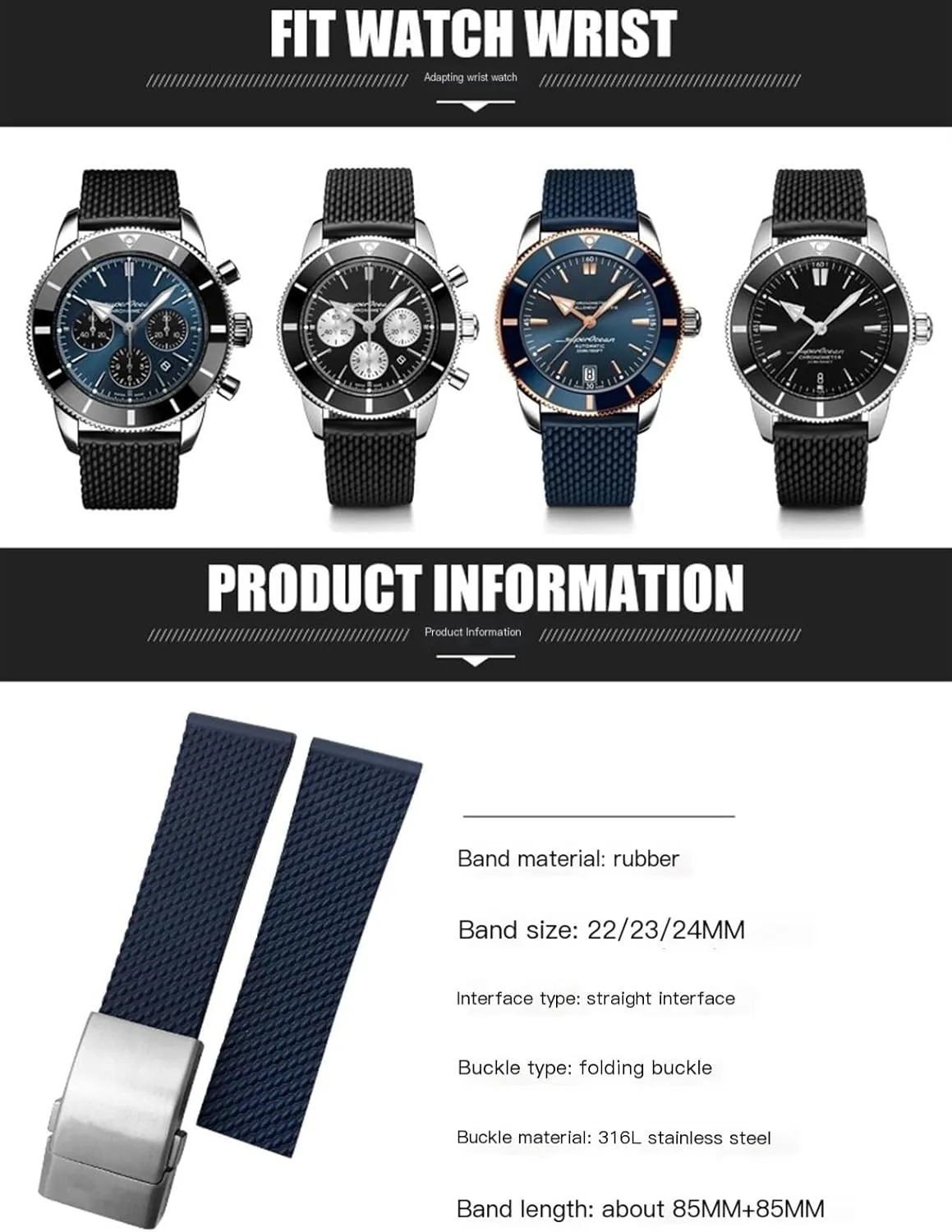 for Breitling Watchbands 22mm 24mm Rubber Watchband for Avenger NAVITIMER World Rubber Waterproof Soft Black Diver PRO Rubber Strap with Buckle