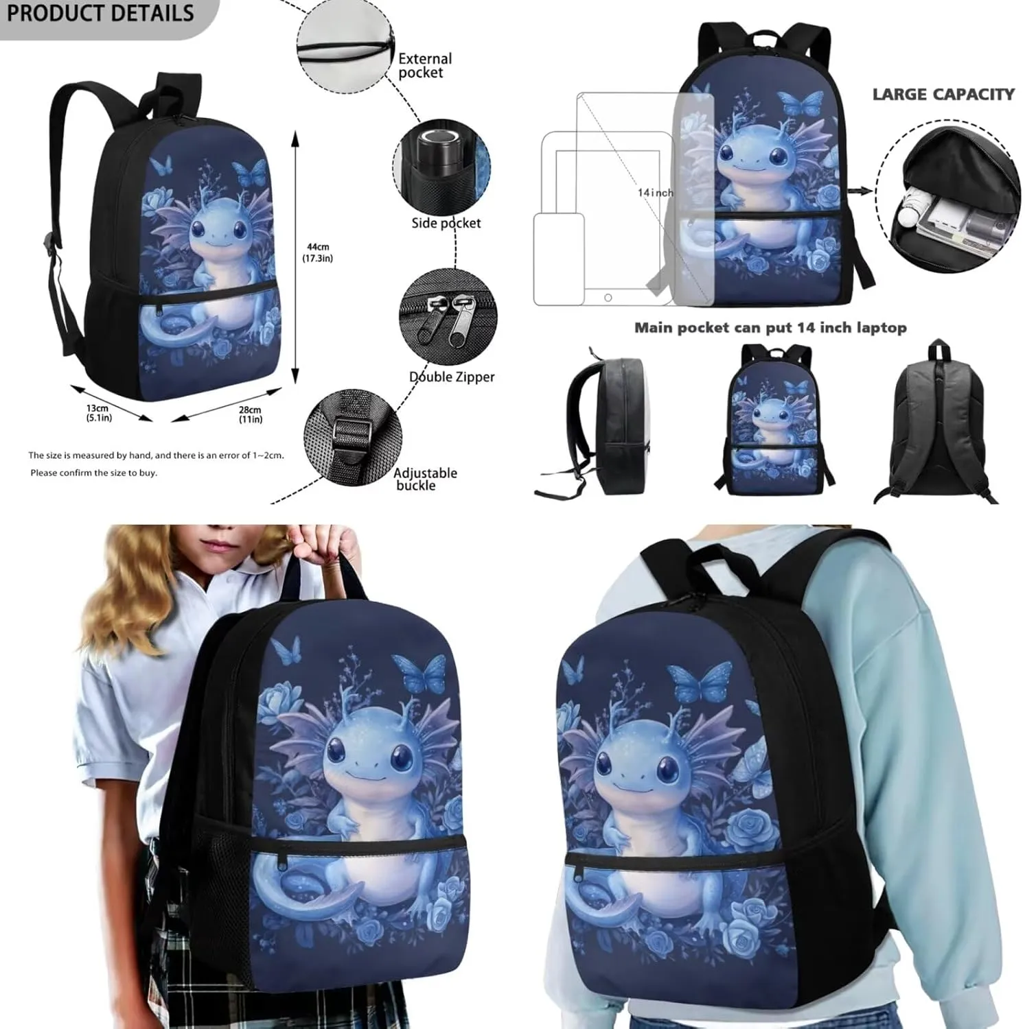 FOR U DESIGNS Axolotl Backpack for Grade 2 Girls Kawaii Bookbag Ages 6-8 Lightweight School Bag and Lunch Bag Set 3 Piece Book Bags for Kids Back Pack