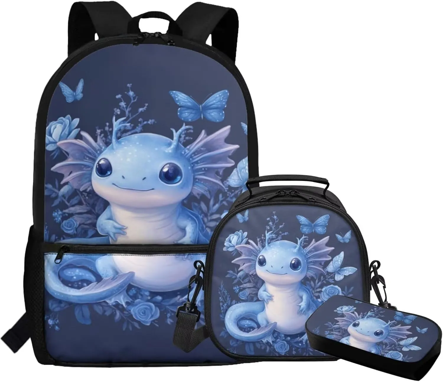 FOR U DESIGNS Axolotl Backpack for Grade 2 Girls Kawaii Bookbag Ages 6-8 Lightweight School Bag and Lunch Bag Set 3 Piece Book Bags for Kids Back Pack