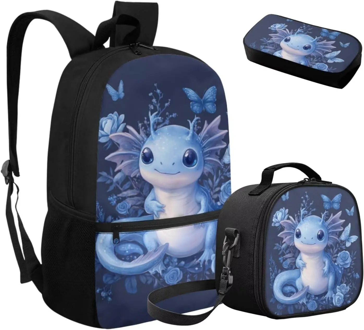 FOR U DESIGNS Axolotl Backpack for Grade 2 Girls Kawaii Bookbag Ages 6-8 Lightweight School Bag and Lunch Bag Set 3 Piece Book Bags for Kids Back Pack