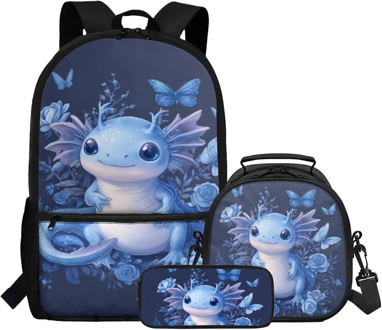 FOR U DESIGNS Axolotl Backpack for Grade 2 Girls Kawaii Bookbag Ages 6-8 Lightweight School Bag and Lunch Bag Set 3 Piece Book Bags for Kids Back Pack