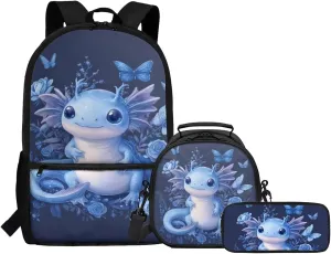 FOR U DESIGNS Axolotl Backpack for Grade 2 Girls Kawaii Bookbag Ages 6-8 Lightweight School Bag and Lunch Bag Set 3 Piece Book Bags for Kids Back Pack