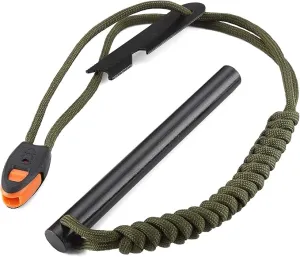FOSTAR 5 Inch Emergency Weatherproof Flint Ferrocerium Rod Fire Starter, with Whistle, Steel Multitool Striker Paracord Lanyard Handle Survival Ferro Rod Kit