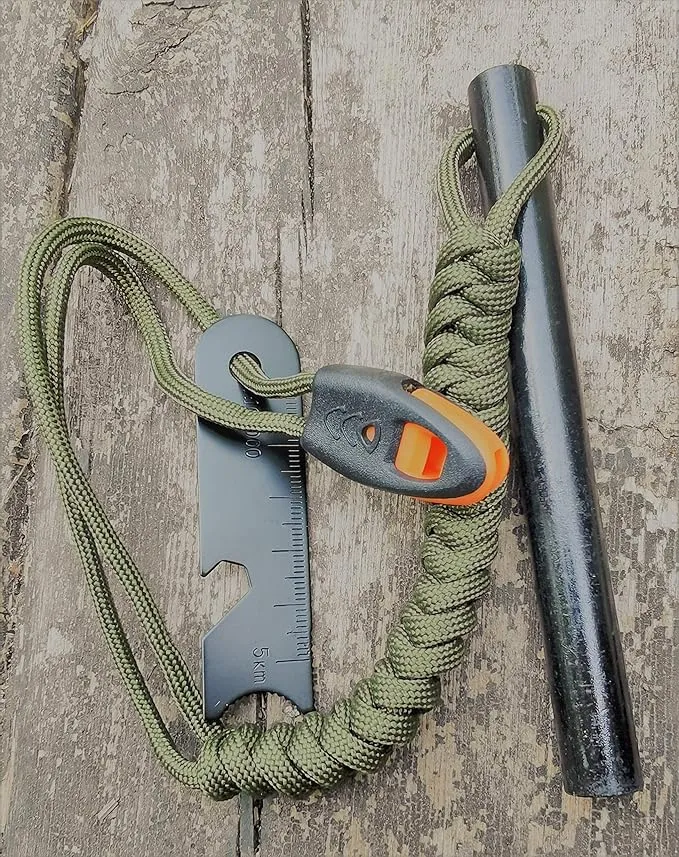 FOSTAR 5 Inch Emergency Weatherproof Flint Ferrocerium Rod Fire Starter, with Whistle, Steel Multitool Striker Paracord Lanyard Handle Survival Ferro Rod Kit