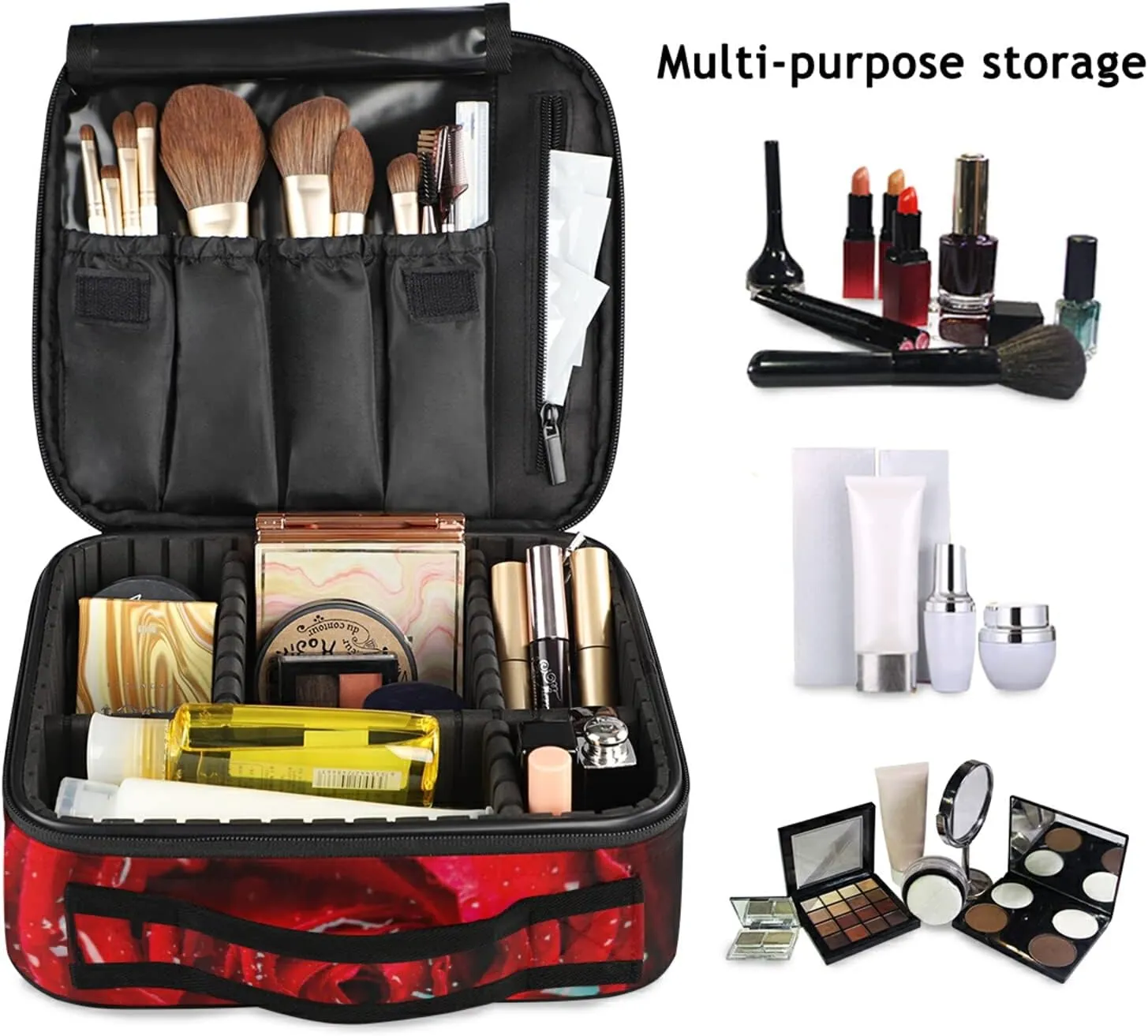 Fresh Red Rose Bud, The Petals of Red Roses with Water Women's Portable Makeup Bags with Handle, Adjustable Dividers, Travel Cosmetic Toiletry Accessories Storage Organizer for Girls