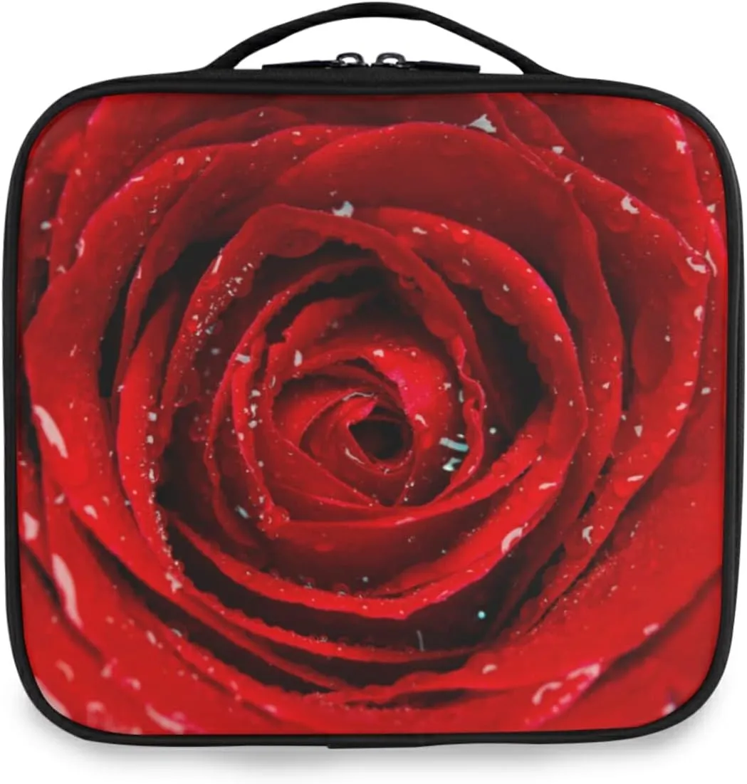 Fresh Red Rose Bud, The Petals of Red Roses with Water Women's Portable Makeup Bags with Handle, Adjustable Dividers, Travel Cosmetic Toiletry Accessories Storage Organizer for Girls