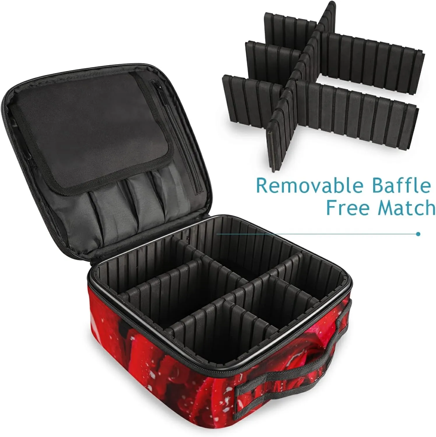 Fresh Red Rose Bud, The Petals of Red Roses with Water Women's Portable Makeup Bags with Handle, Adjustable Dividers, Travel Cosmetic Toiletry Accessories Storage Organizer for Girls
