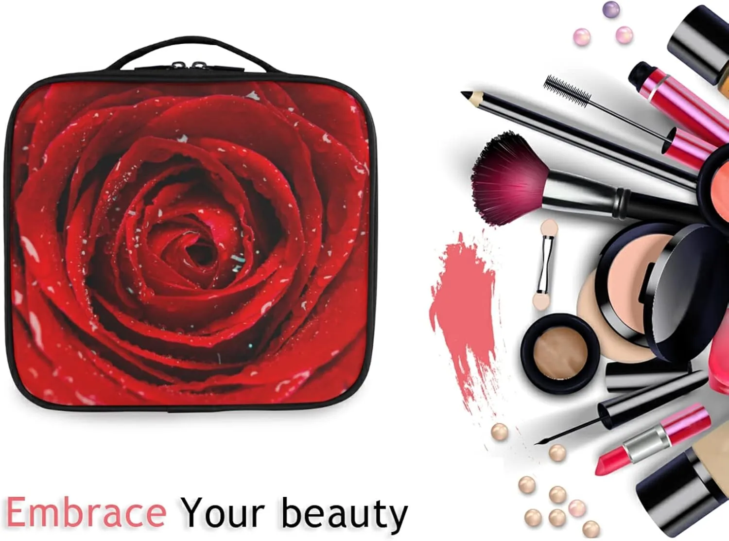 Fresh Red Rose Bud, The Petals of Red Roses with Water Women's Portable Makeup Bags with Handle, Adjustable Dividers, Travel Cosmetic Toiletry Accessories Storage Organizer for Girls